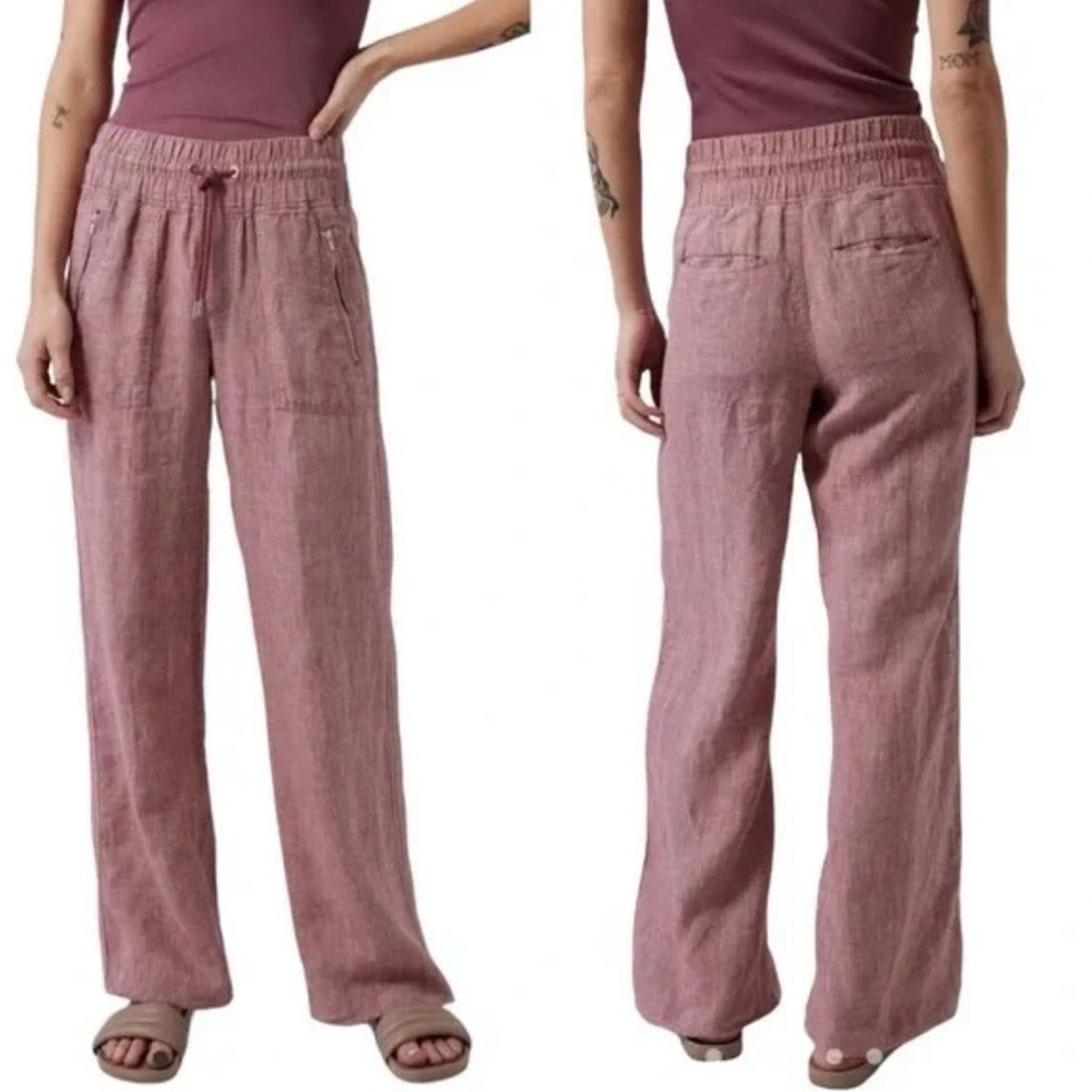 Athleta Cabo Linen Wide-Leg Drawstring Pants in Mauve Pink Sz 4